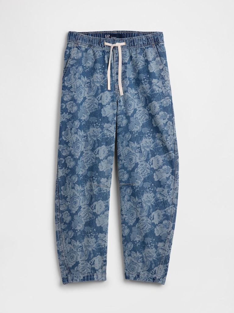 Mid Rise Print Pull-On Barrel Jeans