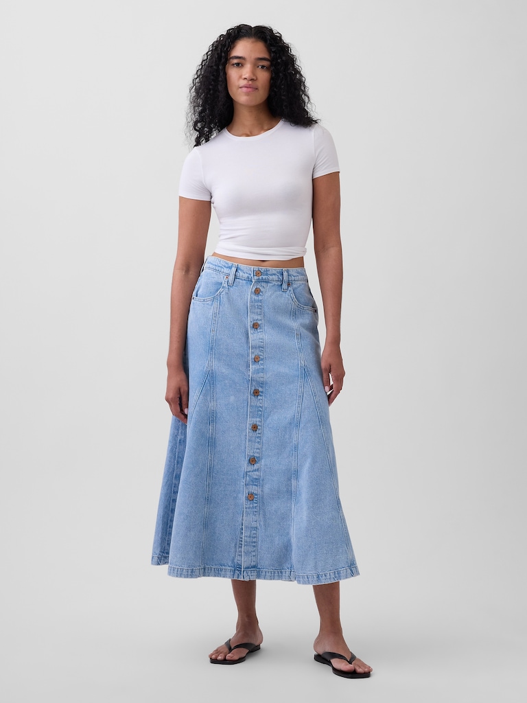 Denim Seamed Button-Front Maxi Skirt