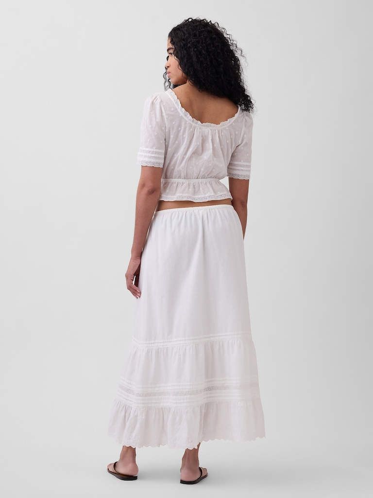 High Rise Tiered Lace-Trim Maxi Skirt