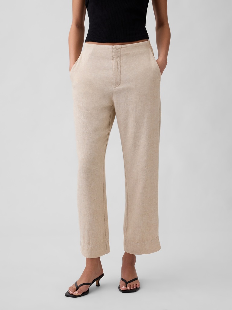 High Rise Linen-Blend Straight Crop Pants