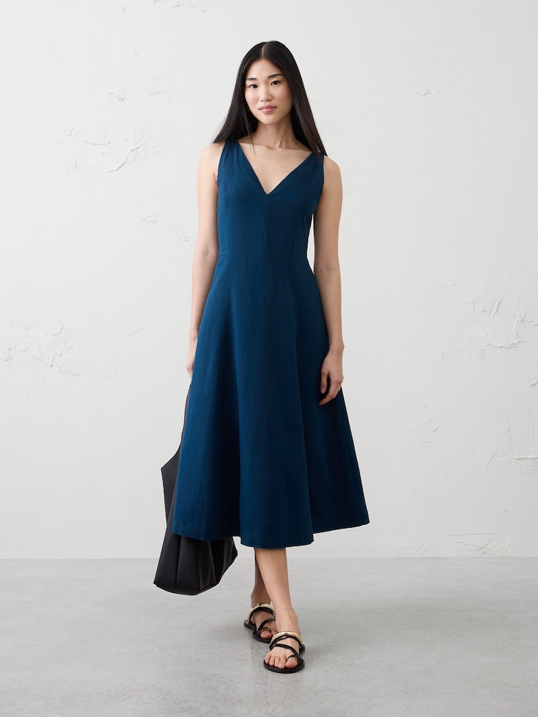 Linen-Blend Drapey Midi Dress
