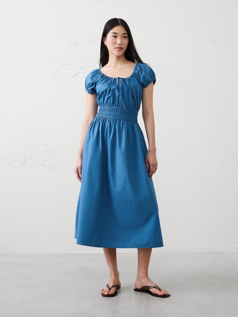 Poplin Gathered-Neck Midi Dress