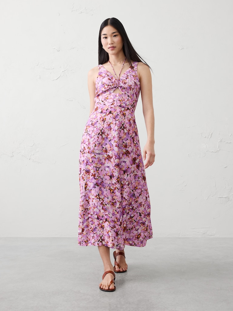 Linen-Blend Cutout Tie-Front Midi Dress