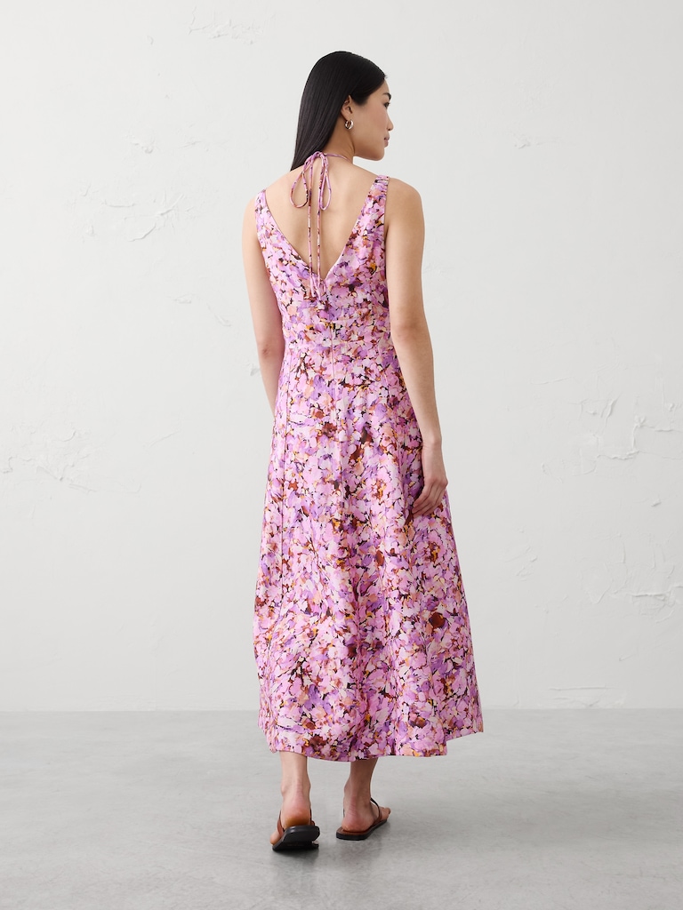 Linen-Blend Cutout Tie-Front Midi Dress