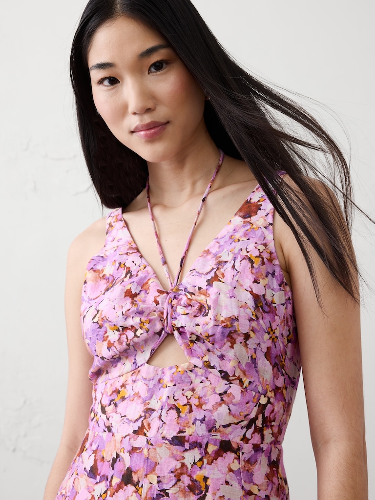 Linen-Blend Cutout Tie-Front Midi Dress