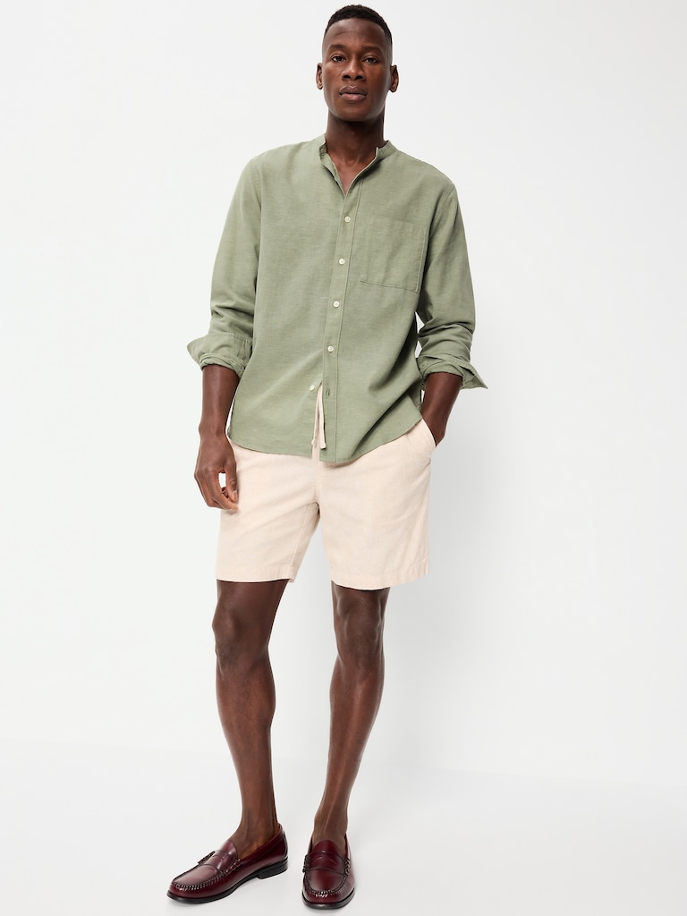 Classic Fit Banded Collar Linen-Blend Shirt