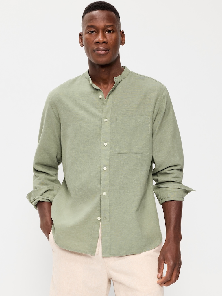 Classic Fit Banded Collar Linen-Blend Shirt