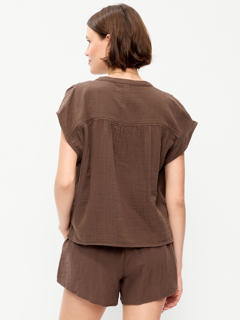 Short-Sleeve Crinkle Gauze Popover Top
