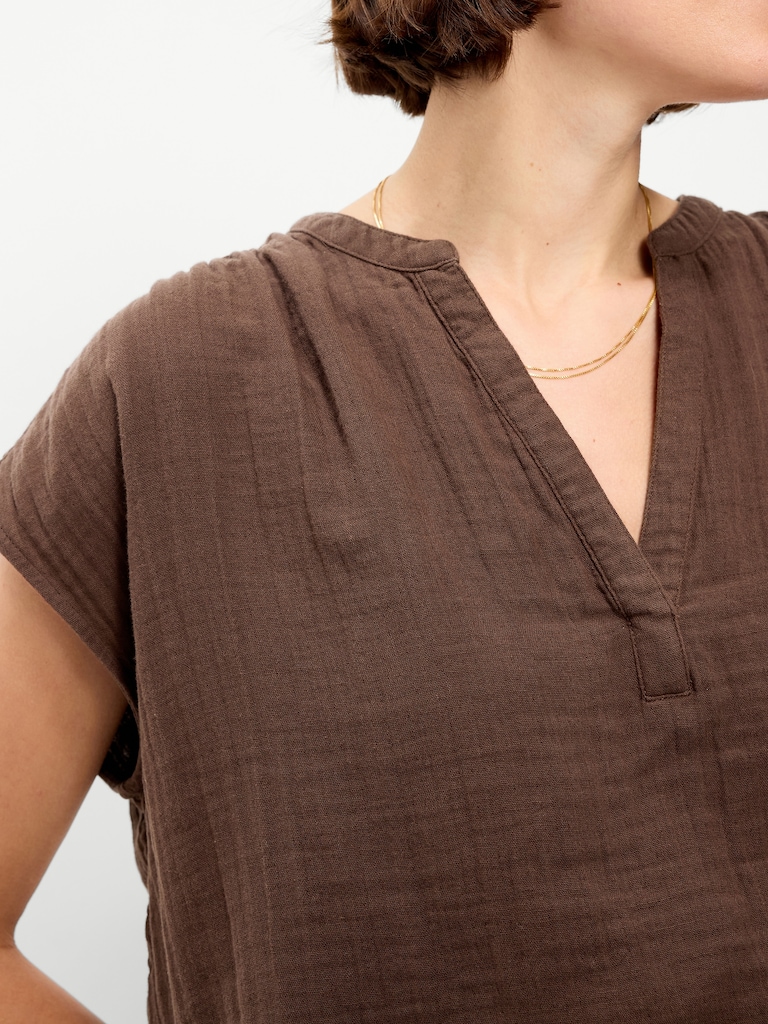 Short-Sleeve Crinkle Gauze Popover Top