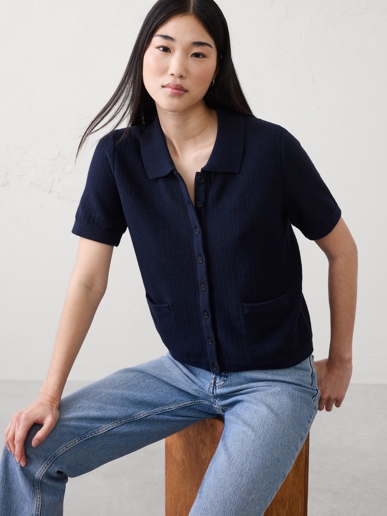 Textured Button-Down Polo Sweater