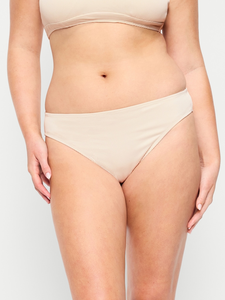 Ribbed Mid-Rise Bikini Swim Bottoms