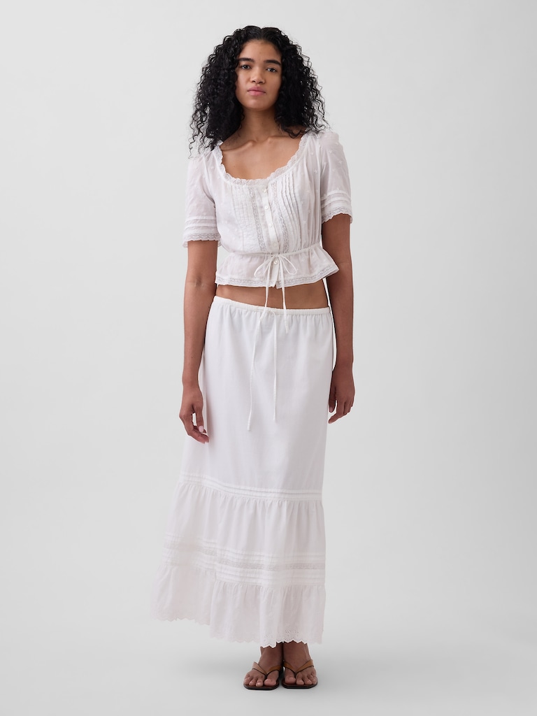 High Rise Tiered Lace-Trim Maxi Skirt