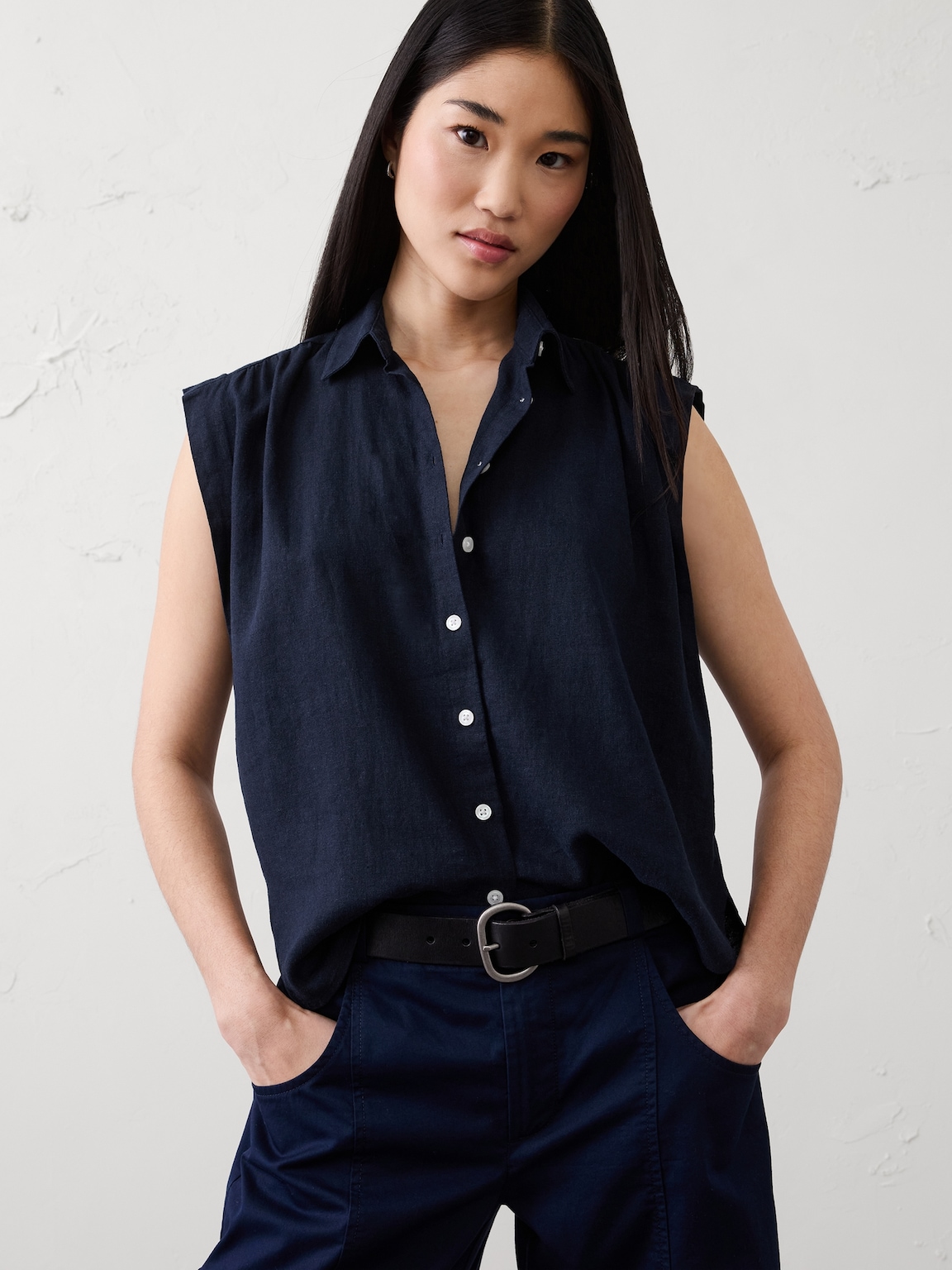 Linen-Blend Pleated Shirt