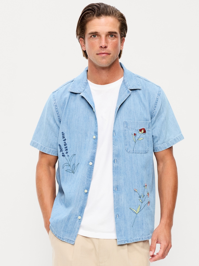Short-Sleeve Embroidered Camp Shirt