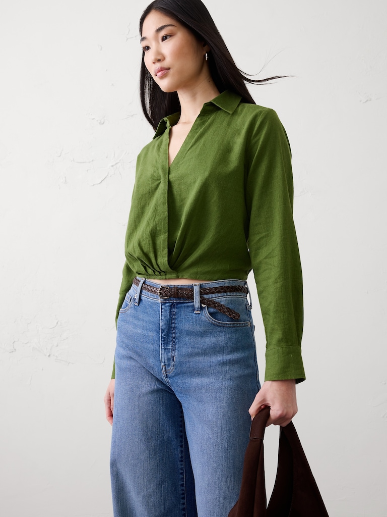 Linen-Blend Surplice Short Top