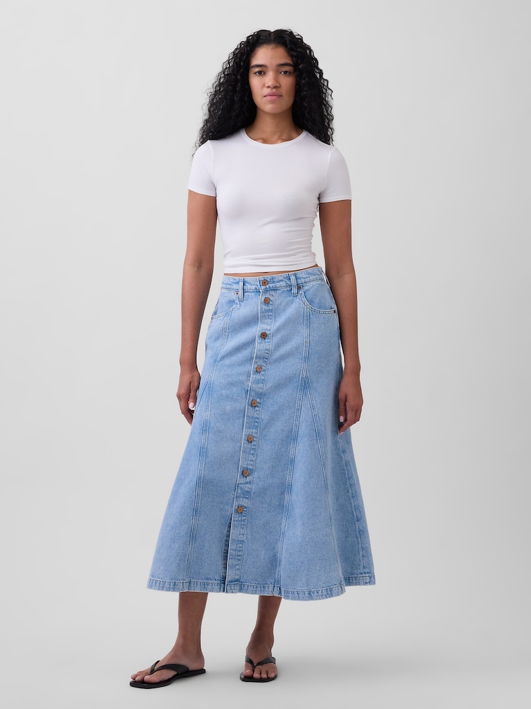 Denim Seamed Button-Front Maxi Skirt