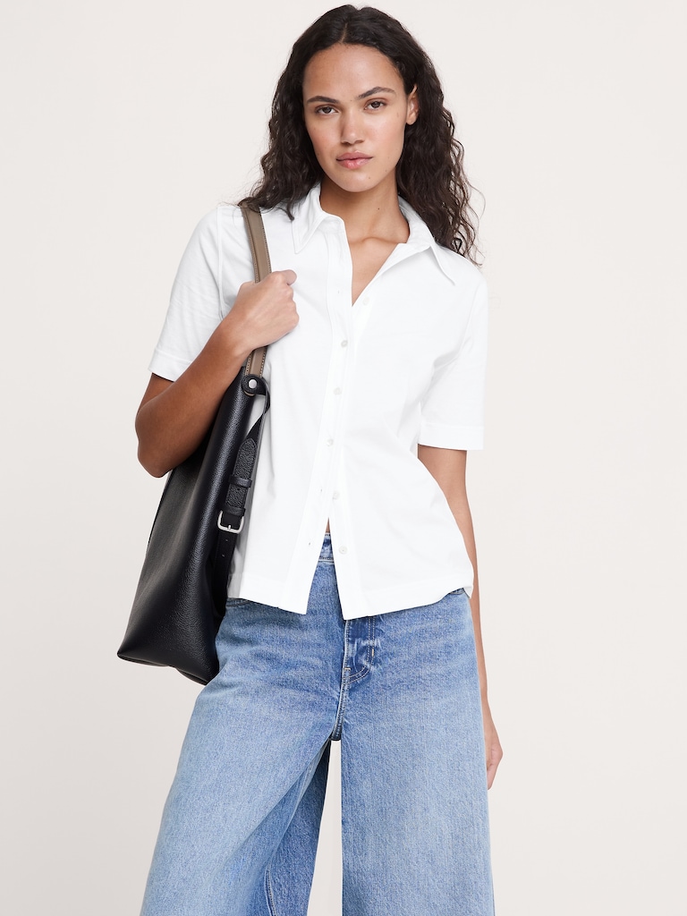 Silky Cotton Short-Sleeve Button-Down Top