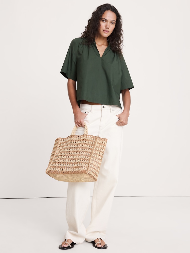 Cotton Poplin Split-Neck Top