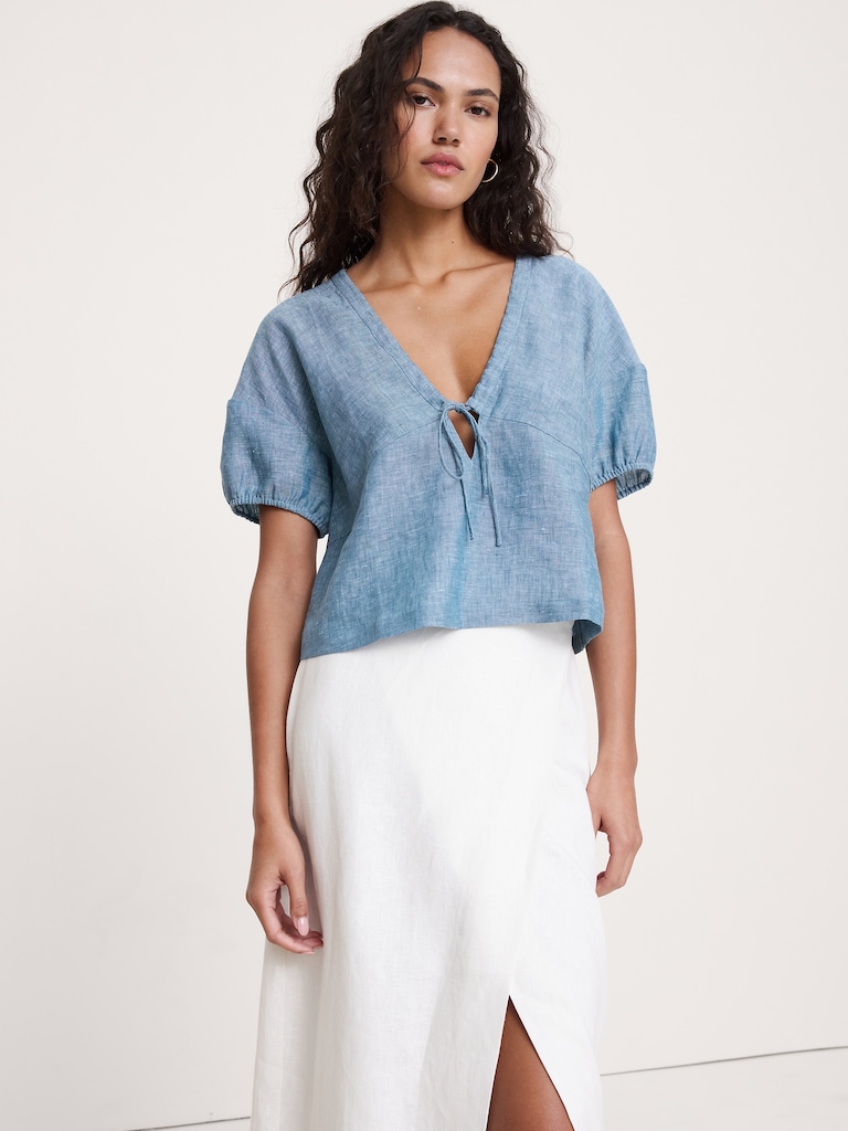 Linen Tie-Front V-Neck Top