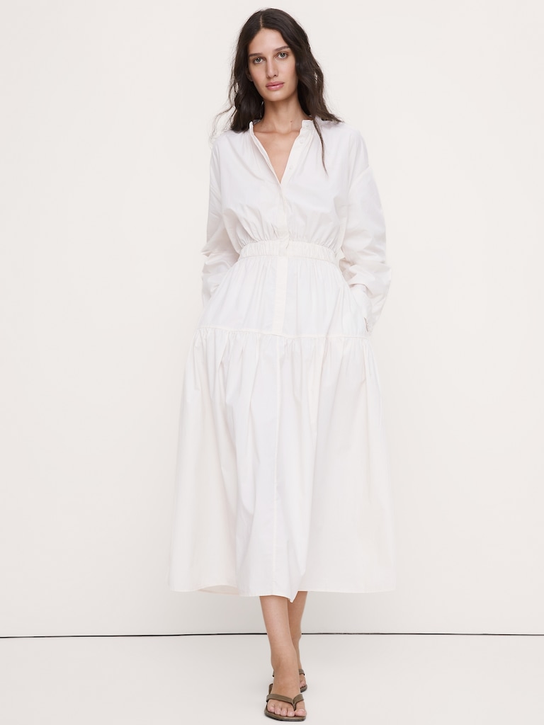 Cotton Poplin Midi Shirt Dress with Open Back