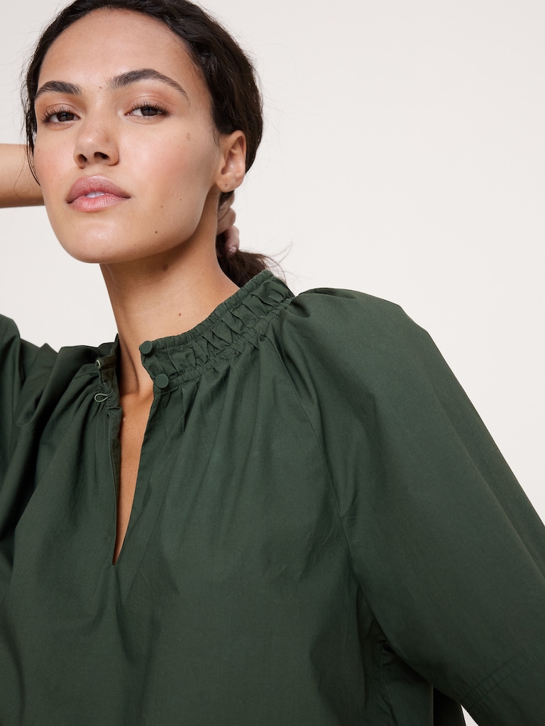 Cotton Poplin Split-Neck Top