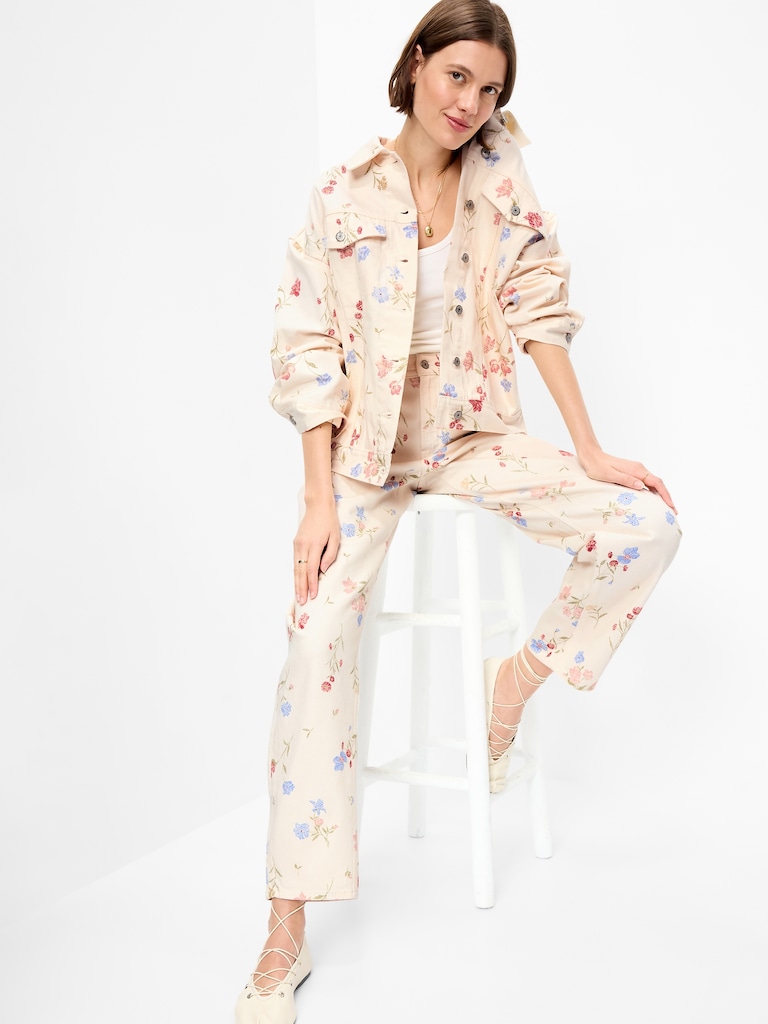 Oversized Floral Print Jean Trucker Jacket