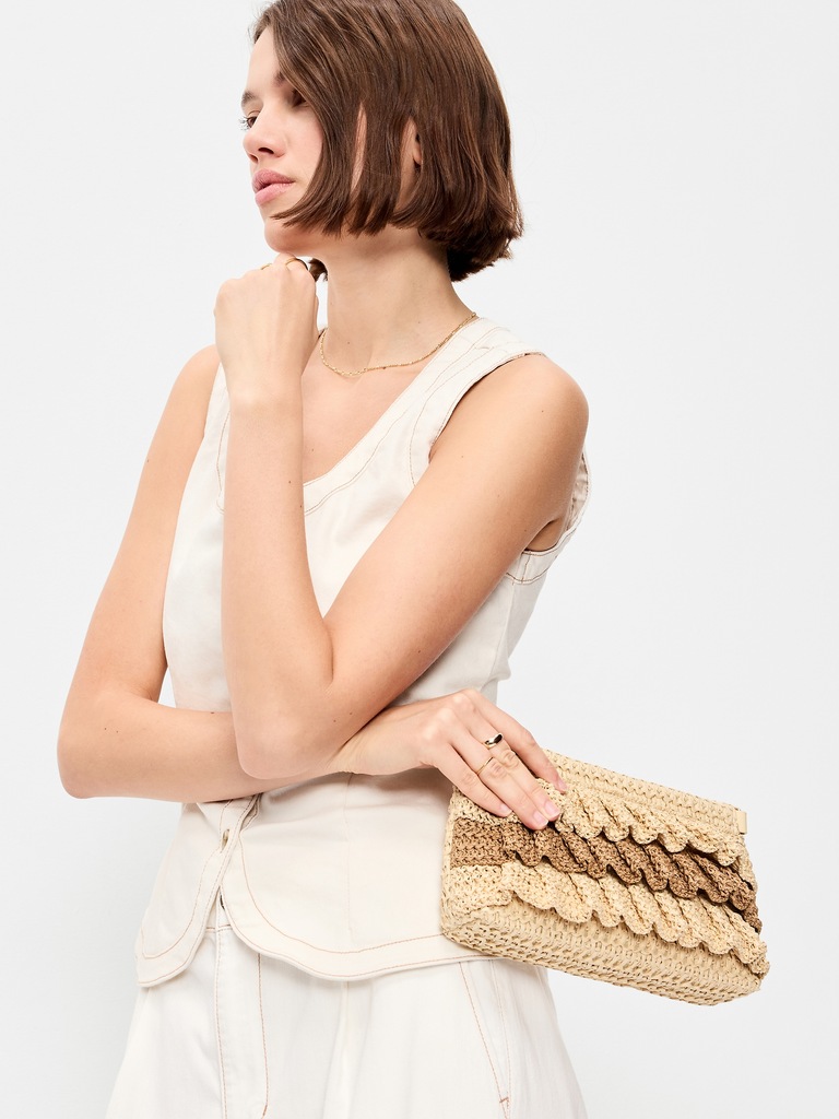 Ruffled Raffia Shoulder Bag