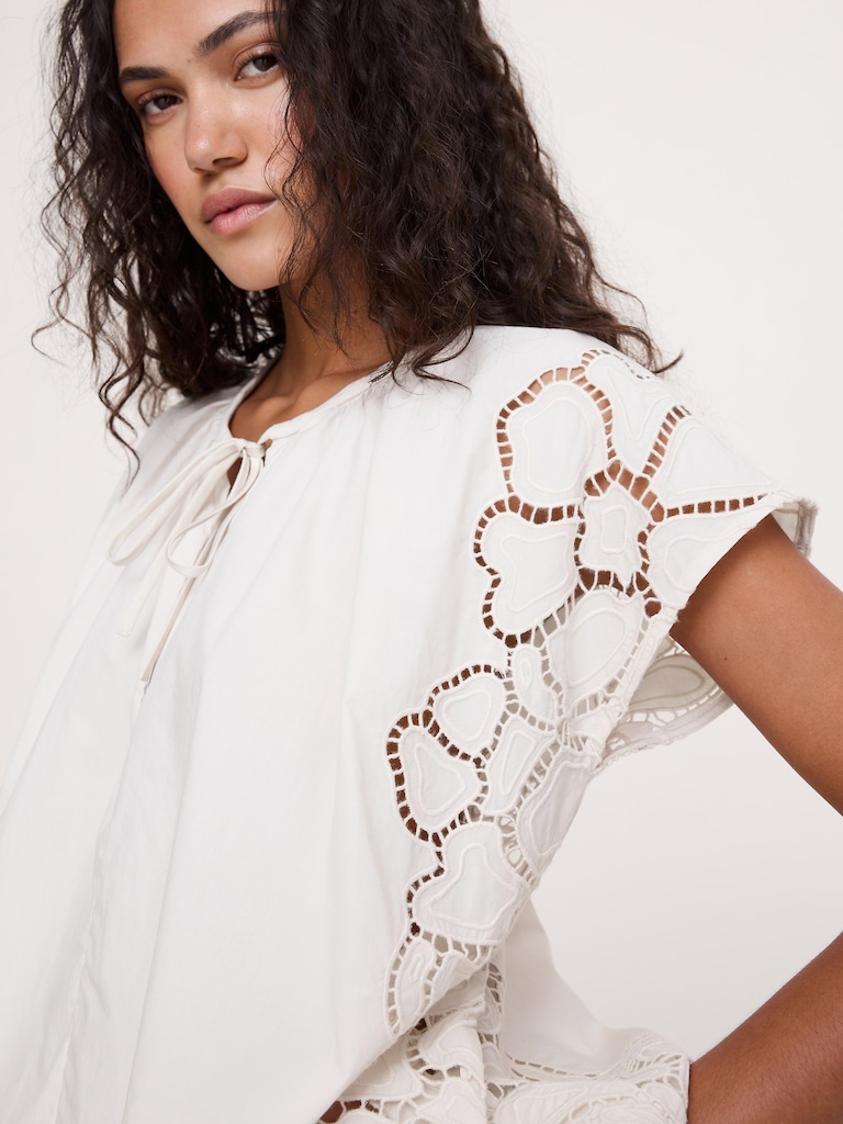 Embroidered Cotton Poplin Split-Neck Tunic