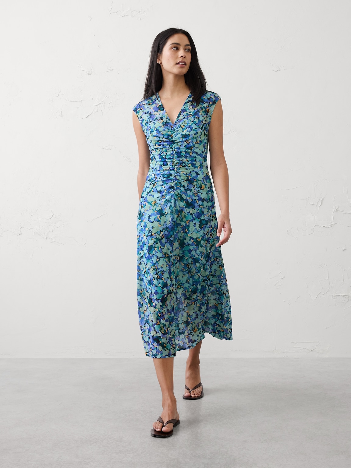 Mesh Shirred-Waist Long Midi Dress
