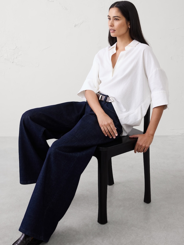 Linen-Blend Drapey Popover Shirt