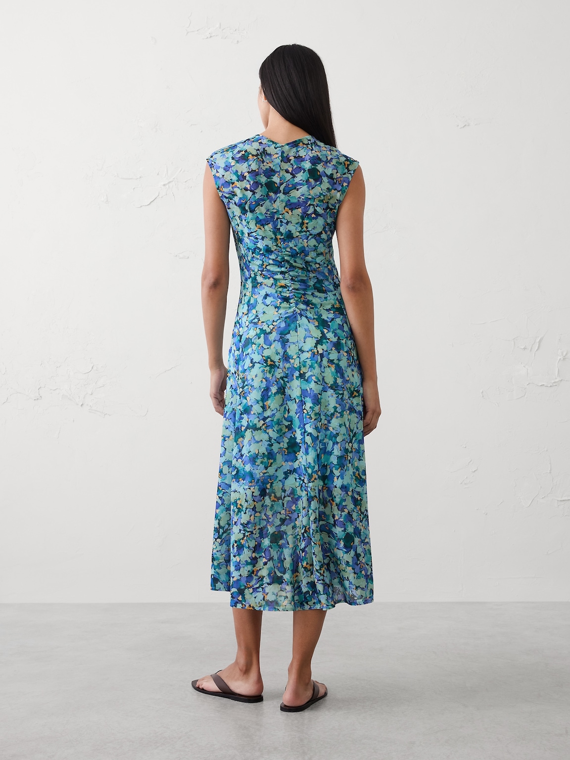 Mesh Shirred-Waist Long Midi Dress