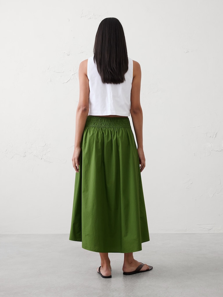 Poplin Smocked-Waist Midi Skirt