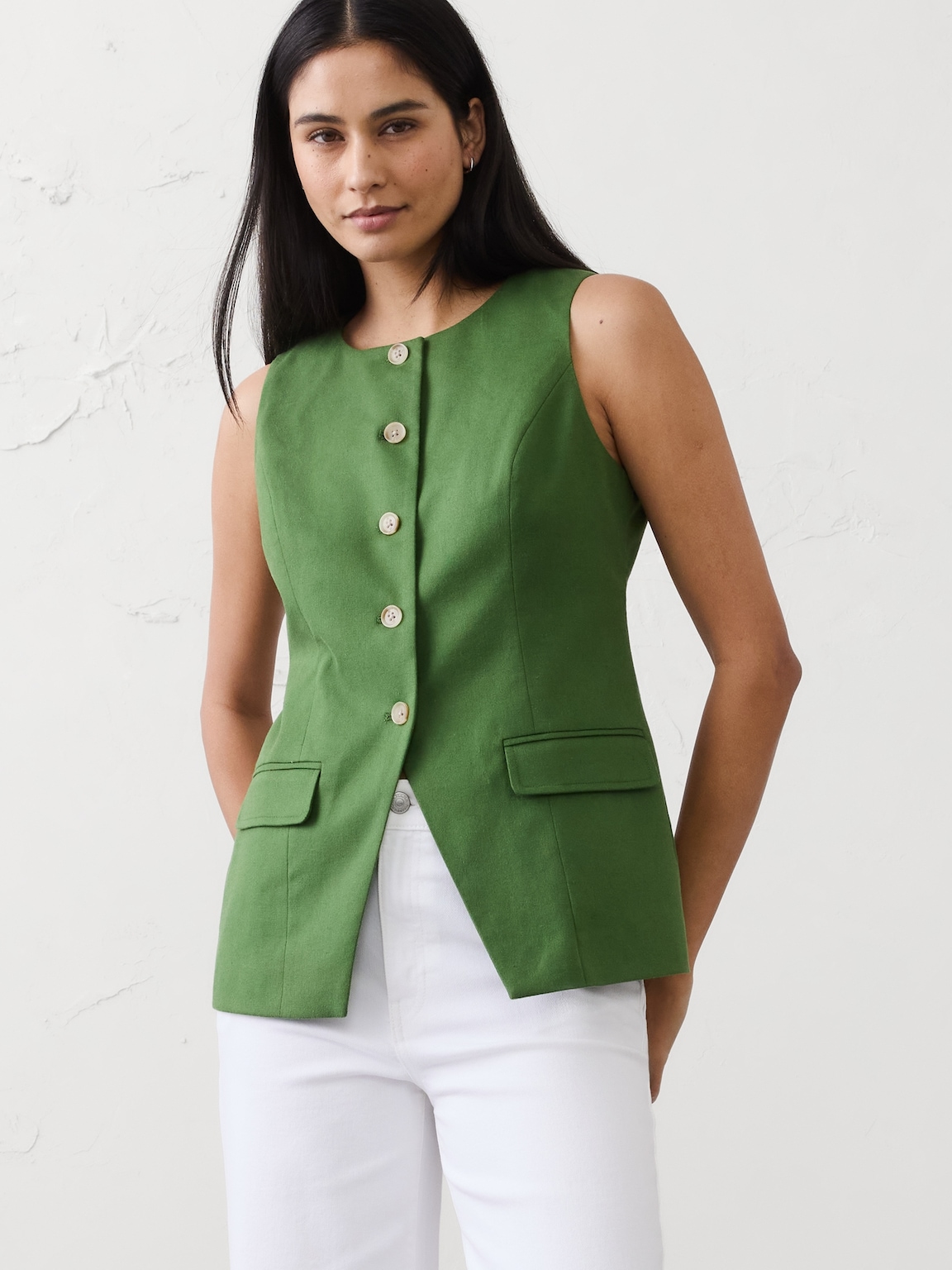 Linen-Blend Long Cutaway Vest