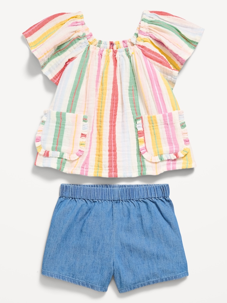 Double-Weave Pocket Top and Shorts Set for Toddler Girls