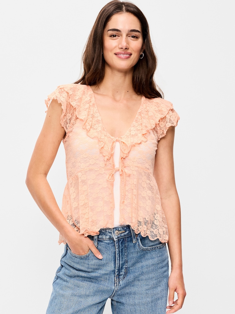 Open-Front Lace Ruffle Top