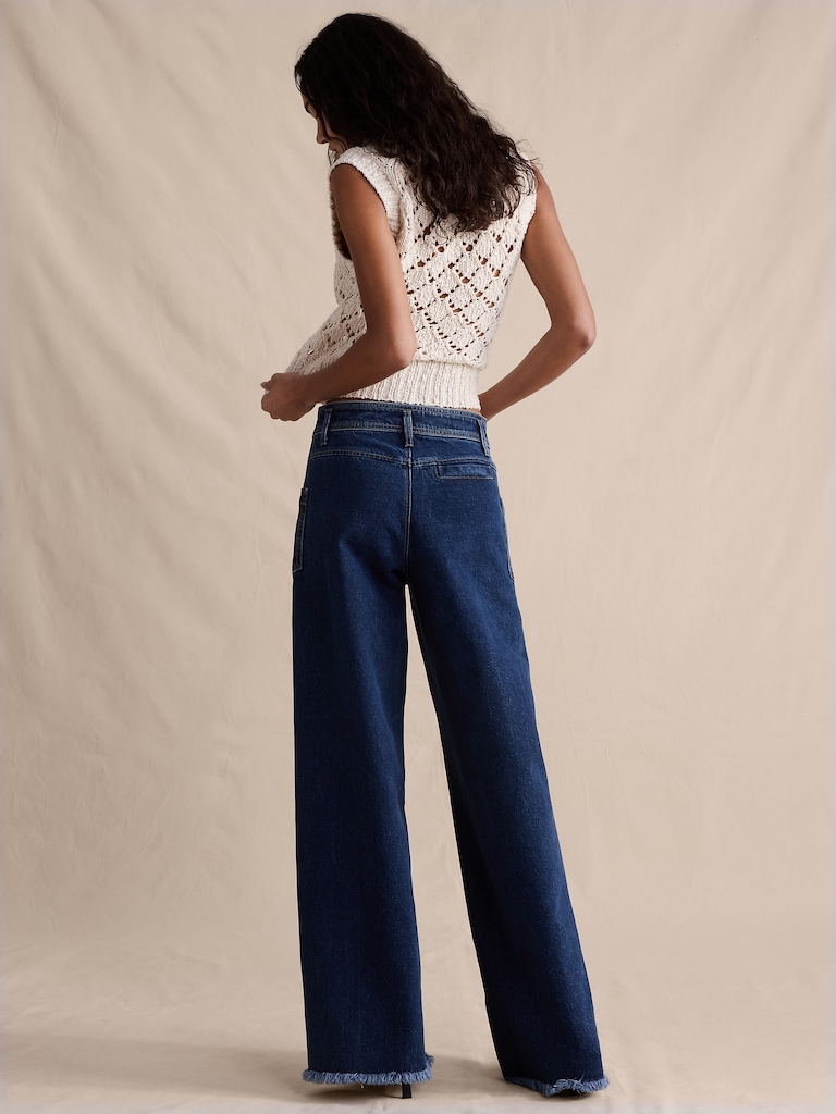 Mid-Rise Wide-Leg Marbled Jean with Raw Hem