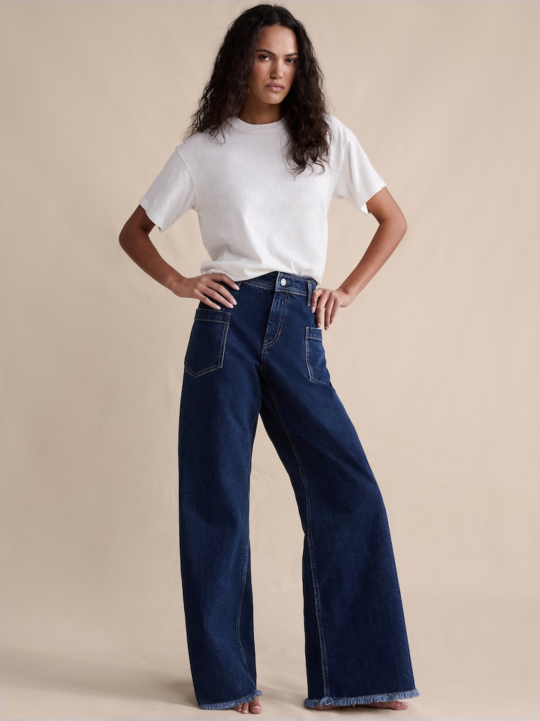 Mid-Rise Wide-Leg Marbled Jean with Raw Hem