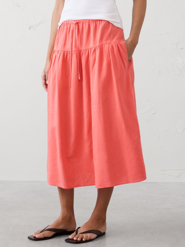 Linen-Blend Drop-Waist Midi Skirt
