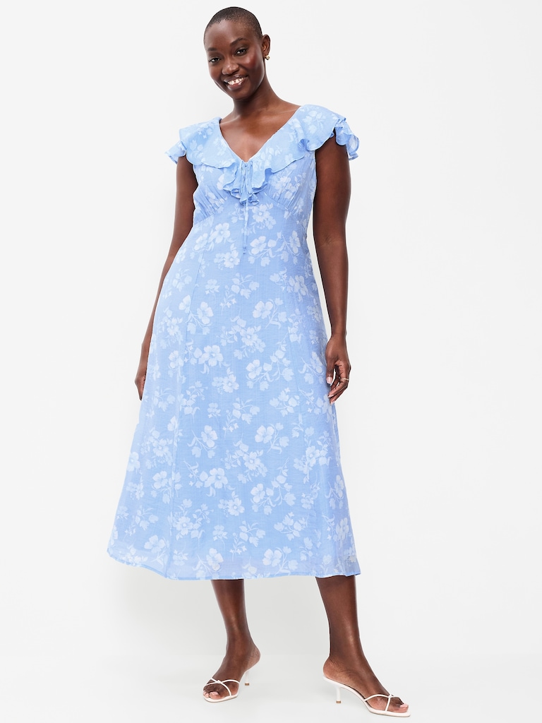 Ruffle-Sleeve Fit & Flare Midi Dress