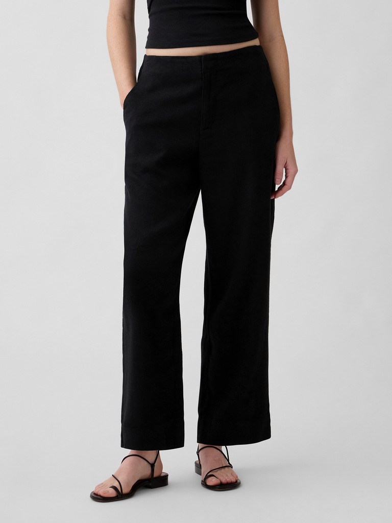 High Rise Linen-Blend Straight Crop Pants