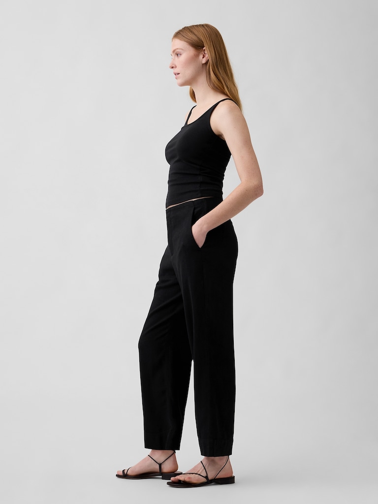 High Rise Linen-Blend Straight Crop Pants