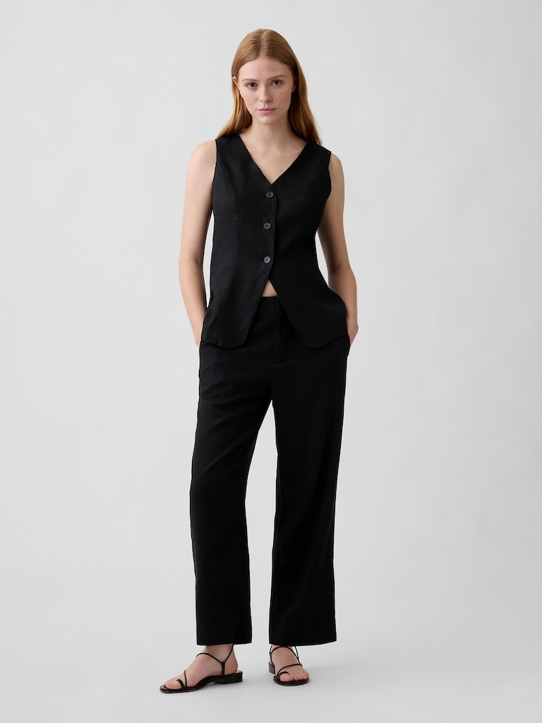 High Rise Linen-Blend Straight Crop Pants