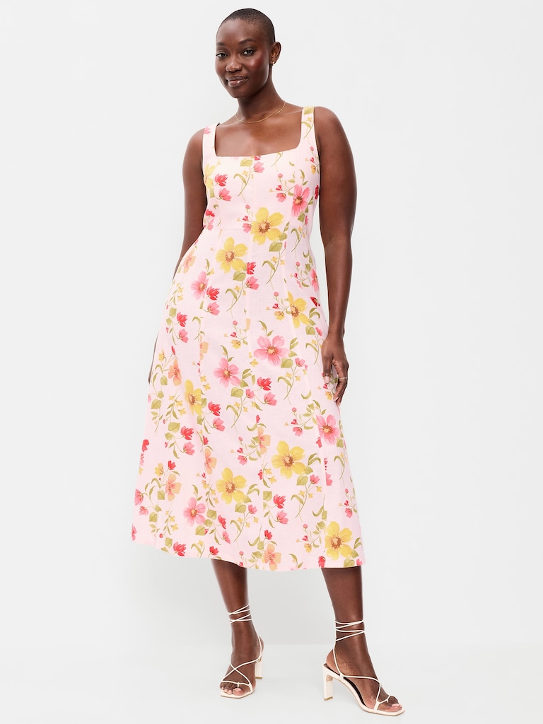 Fit & Flare Sleeveless Linen-Blend Midi Dress