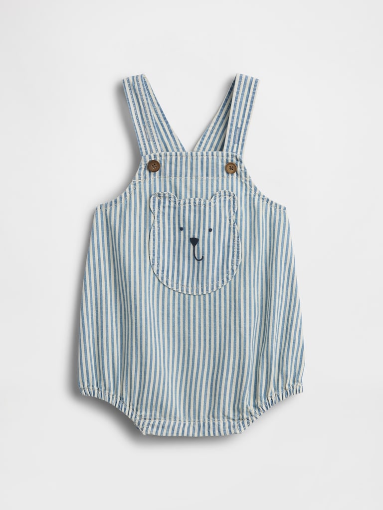Baby Denim Stripe Bear Pocket Bubble Bodysuit