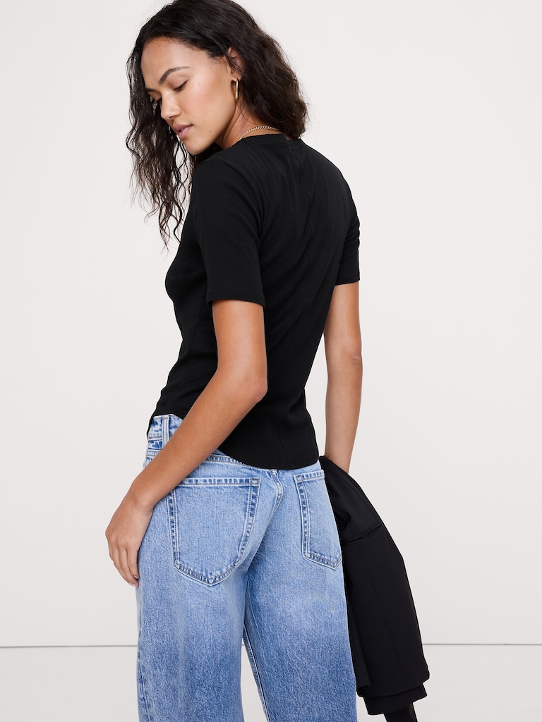 Baby Rib Cotton Elbow-Sleeve T-Shirt