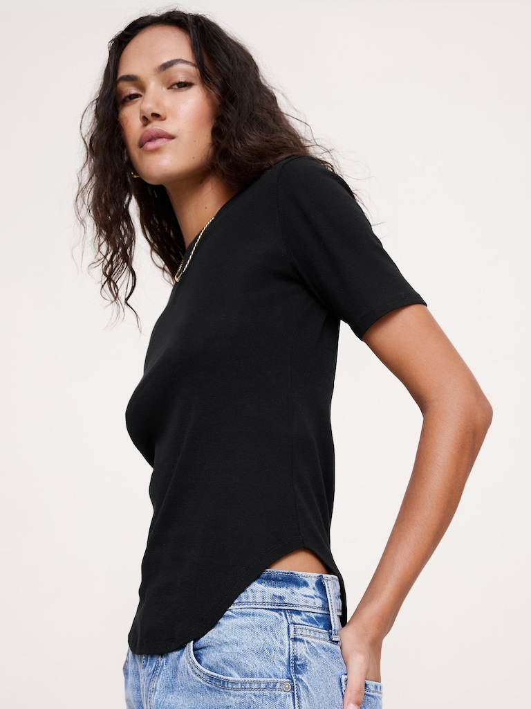 Baby Rib Cotton Elbow-Sleeve T-Shirt