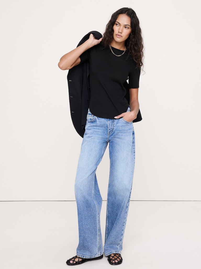 Baby Rib Cotton Elbow-Sleeve T-Shirt