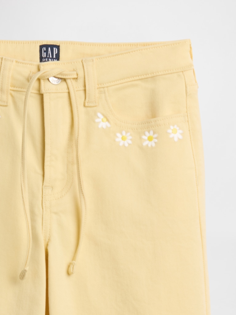 Kids High Rise Embroidered Drawstring Wide-Leg Jeans