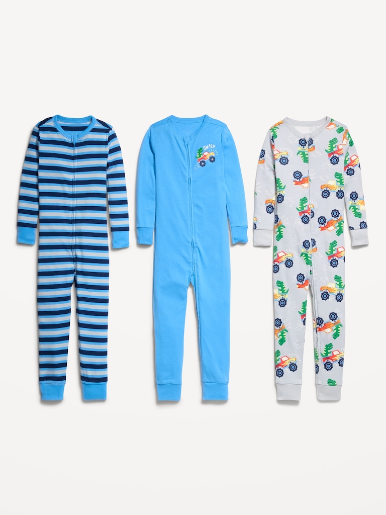 Unisex Snug-Fit 2-Way-Zip Pajama One-Piece 3-Pack for Toddler & Baby