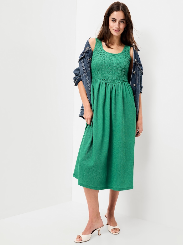 Fit & Flare Sleeveless Smocked-Bodice Midi Dress